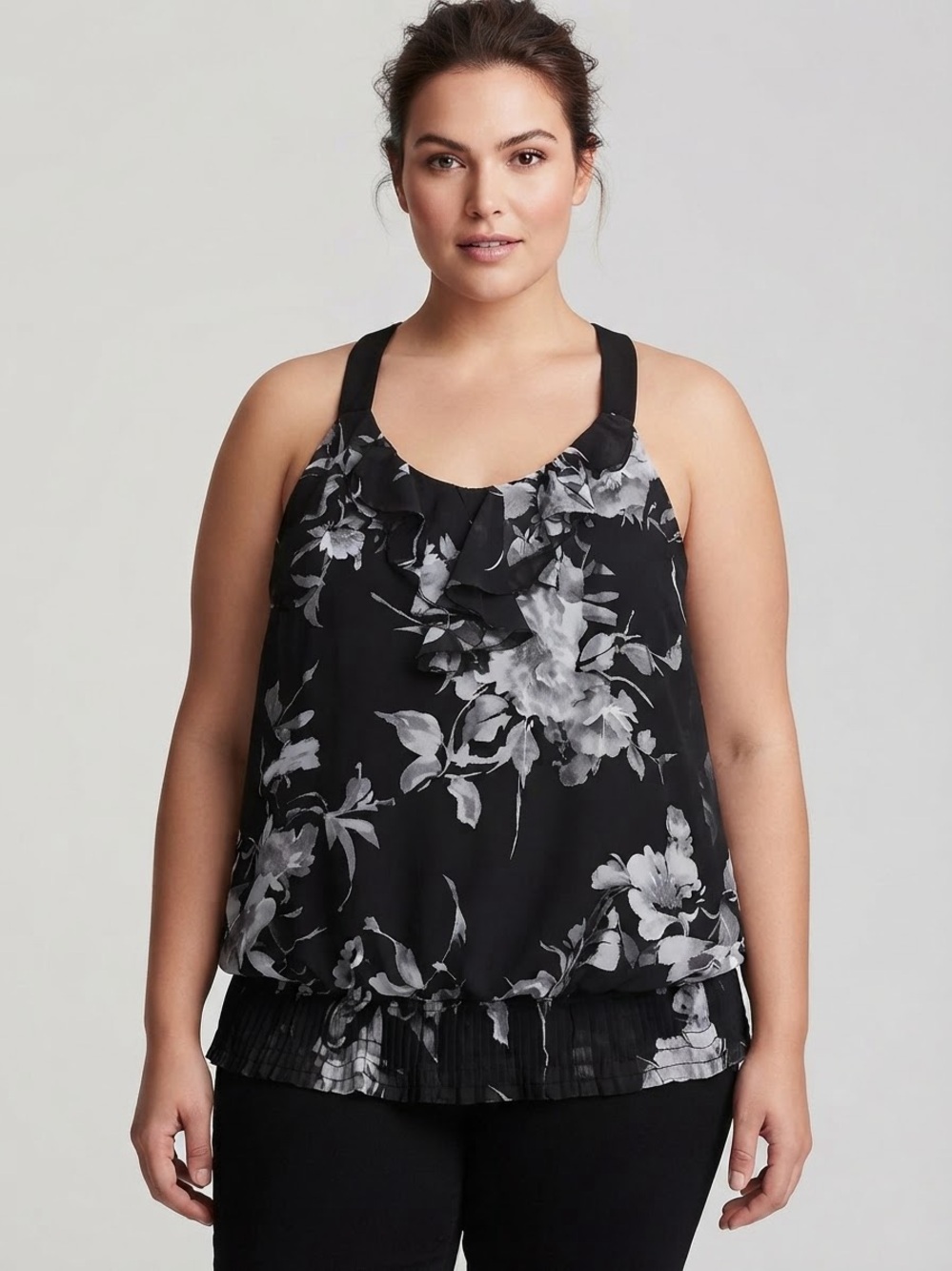 MAURICES Floral Ruffle-Front Sleeveless Blouse 3X Black NWOT